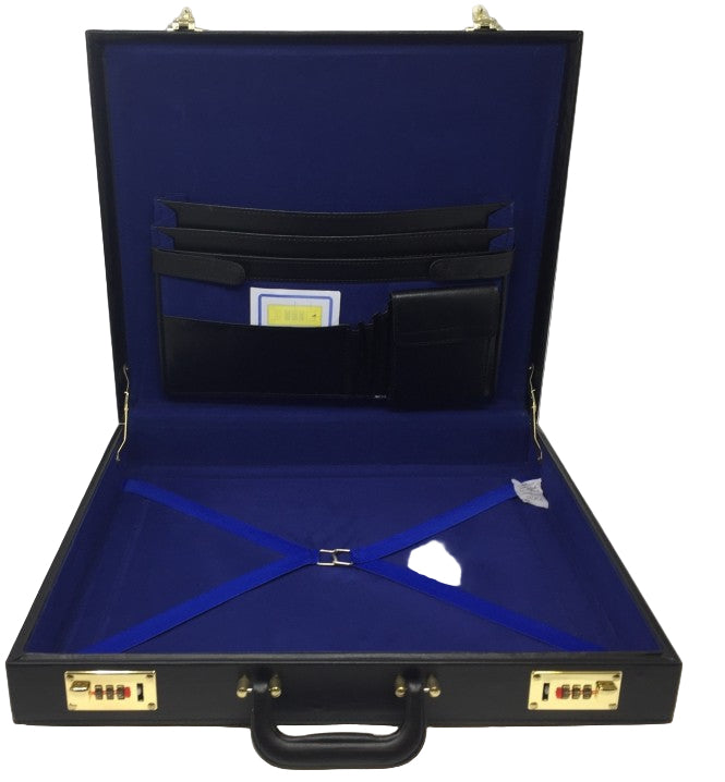 A black briefcase-style Masonic regalia case made from imitation hide, showing the interior compartments and the blue fabric lining.